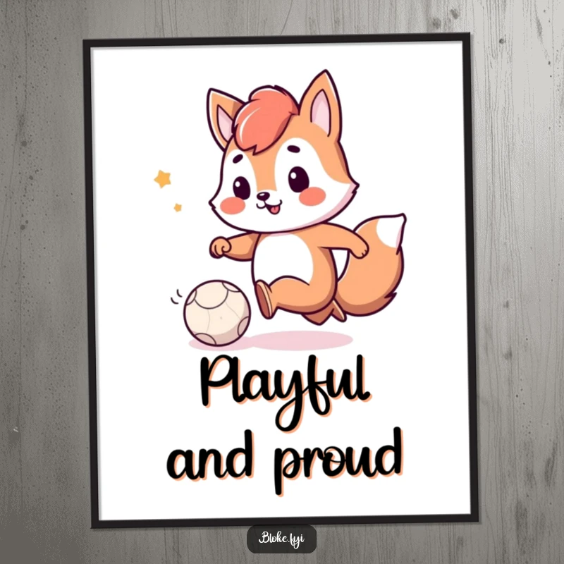 Funny poster depicting a playful animal character with a smile, engaging with a small, deflated ball, perfect for humorous decor.