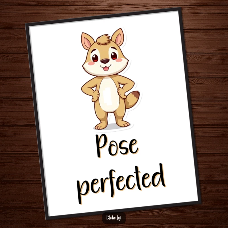 Funny poster of a smiling animal character standing confidently with hands on its hips, embodying pride and a cheerful, assured personality.
