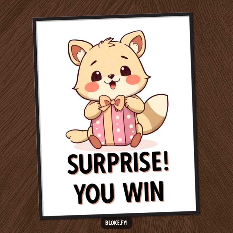 Funny poster print of a bloke animal character with a shocked and delighted expression, excitedly unwrapping a present, perfect for cheerful decor.