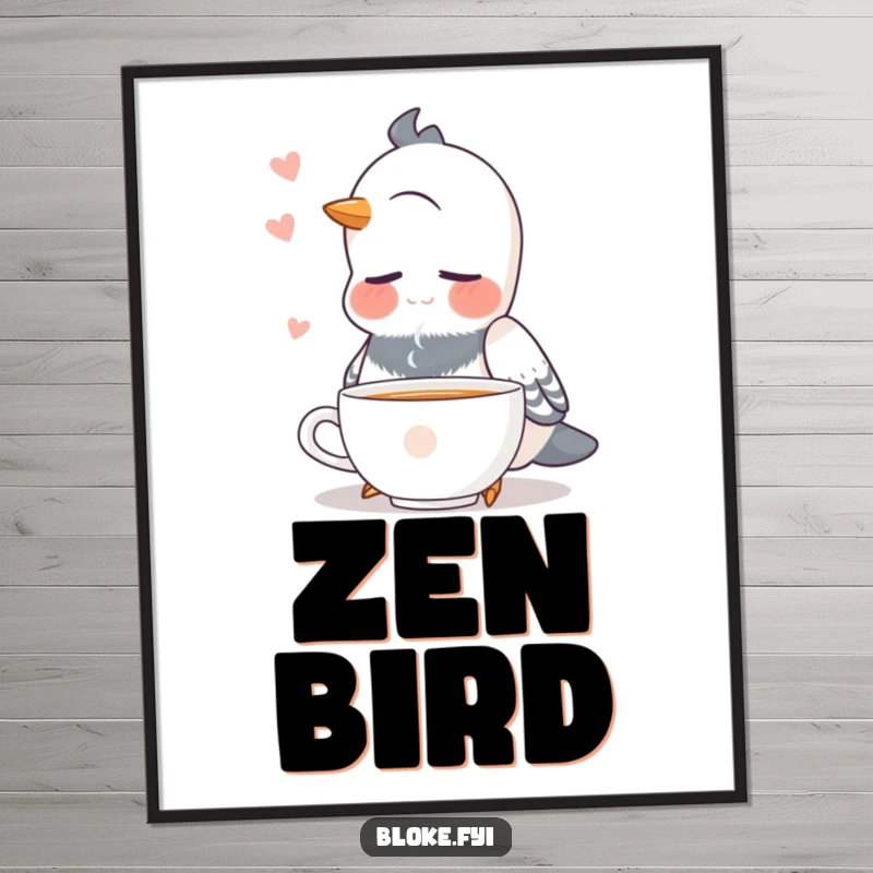 Funny pigeon with closed eyes, serene and content, enjoying tea, as a poster.