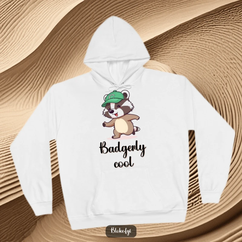 Funny Hoodie featuring a jolly badger in a cap awkwardly skipping, perfect for cozy, humorous wear.