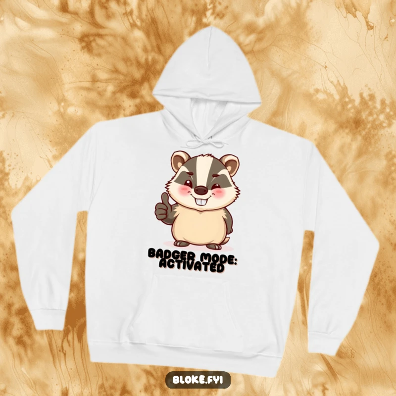 Funny hoodie featuring a stout, jovial badger winking and giving a thumbs-up, ideal for cozy humor.