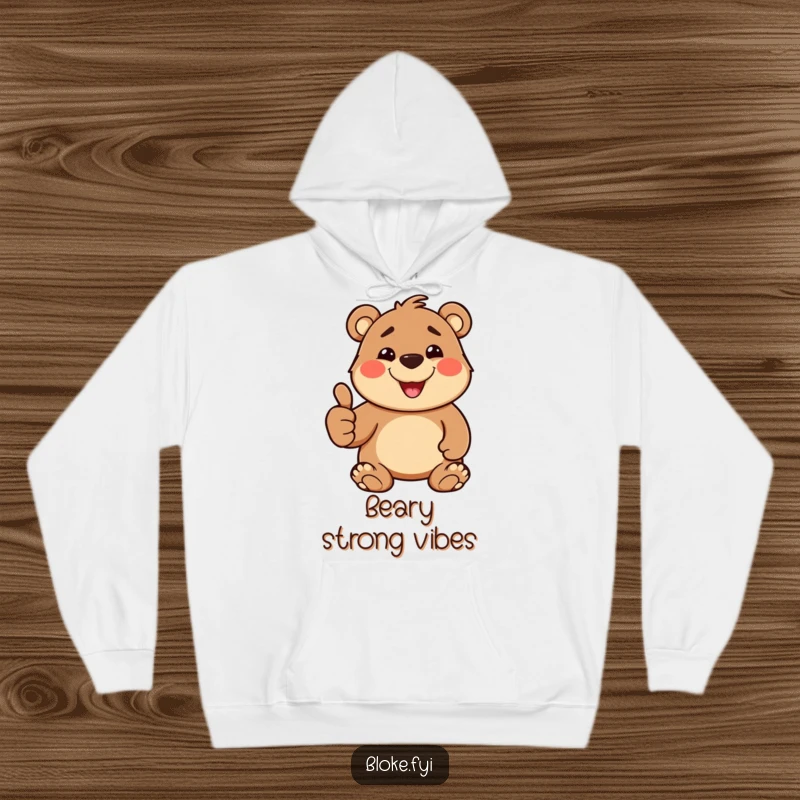 Funny Hoodie depicting a stout, smiling bear charmer giving a positive thumbs-up, radiating good vibes and humor.