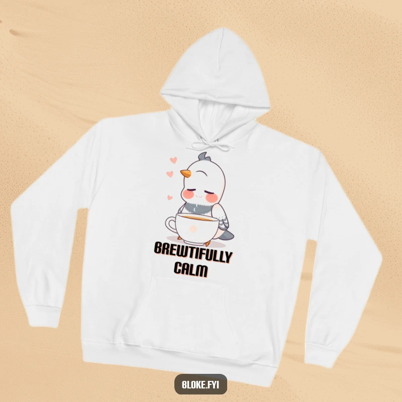 Funny pigeon with closed eyes, looking content while drinking tea, depicted on a soft hoodie.