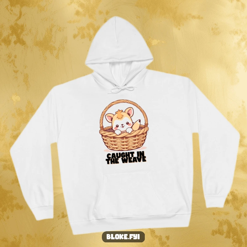 Funny hoodie depicting a playful animal character comically stuck within a large woven basket, offering cozy and humorous wear.