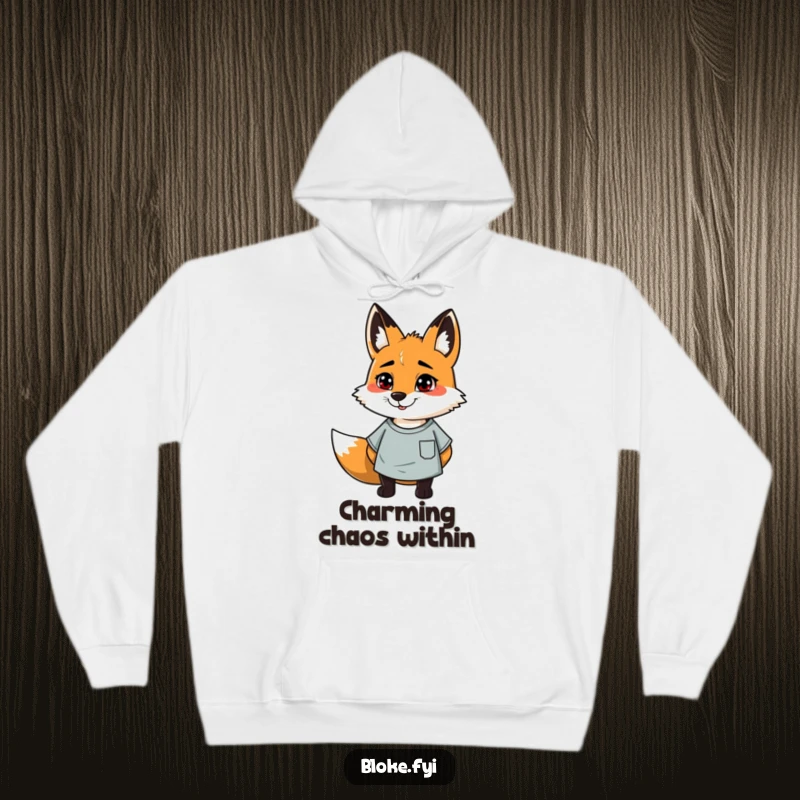 Funny hoodie featuring a cheerful, slightly scruffy fox wearing a t-shirt, ideal for cozy, humorous lounging.