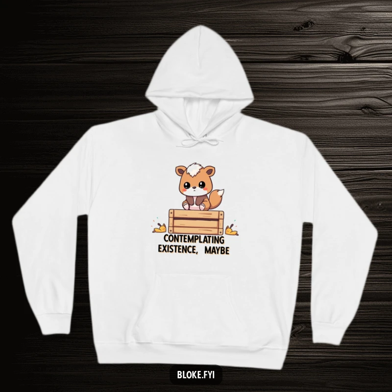 Funny hoodie depicting a stylized animal on a wooden crate, lost in thought, ideal for a cozy and humorous gift.
