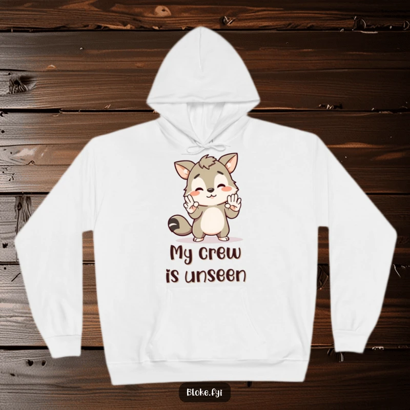 Funny hoodie depicting a bloke animal character awkwardly attempting to high-five an invisible friend, showcasing relatable social anxiety.