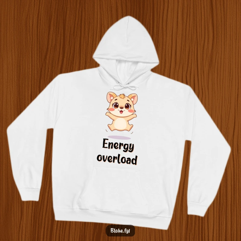 Funny hoodie with a playful animal featuring wide, excited eyes attempting a clumsy jump, exuding adorable effort and humor.