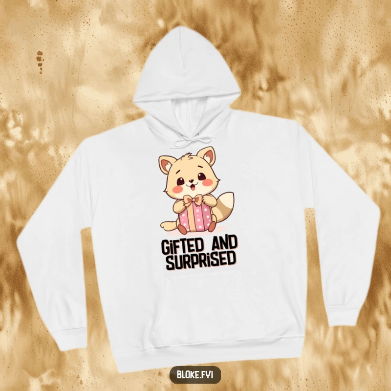 Funny hoodie depicting a bloke animal character with wide eyes, excitedly unwrapping a gift with a look of pure astonishment.