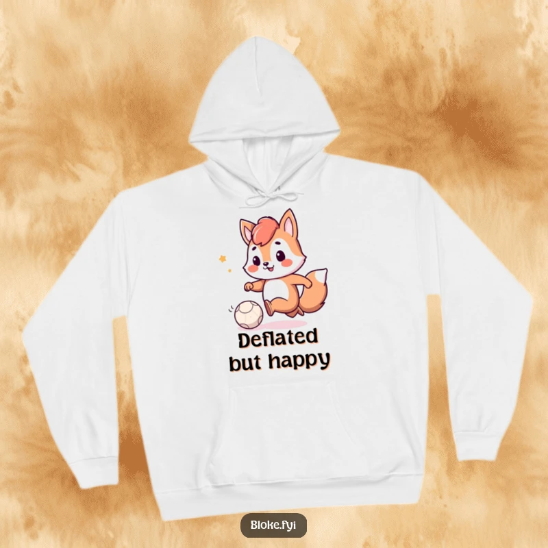 Funny hoodie showcasing a playful animal character with a smile, kicking a small, deflated ball, offering cozy fun.
