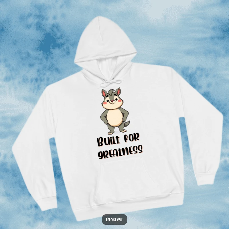 Funny hoodie depicting a proud bloke animal character standing tall with chest puffed out, exuding a sense of accomplishment and joy.