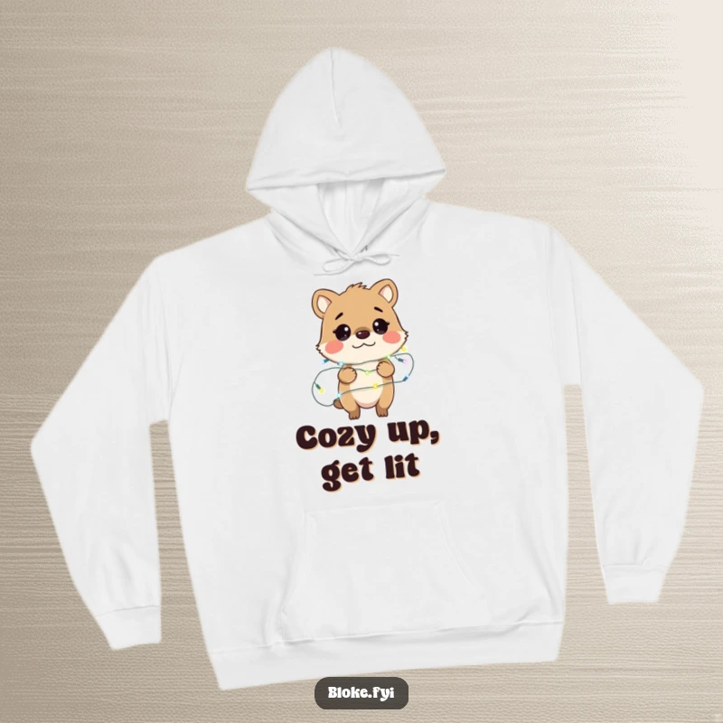 Funny hoodie depicting a bewildered bloke animal character hilariously wrapped in a string of twinkling fairy lights, a cozy and comical design.