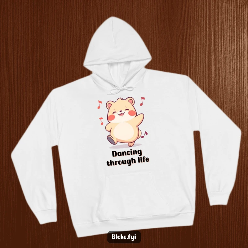 Funny hoodie showcasing a chubby animal character happily tapping its foot, a symbol of musical delight and cozy comfort.