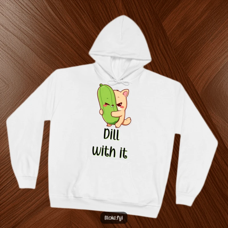 Funny bloke animal character hoodie with a sly wink and holding a giant pickle, perfect for cozy, humorous, and quirky comfort.