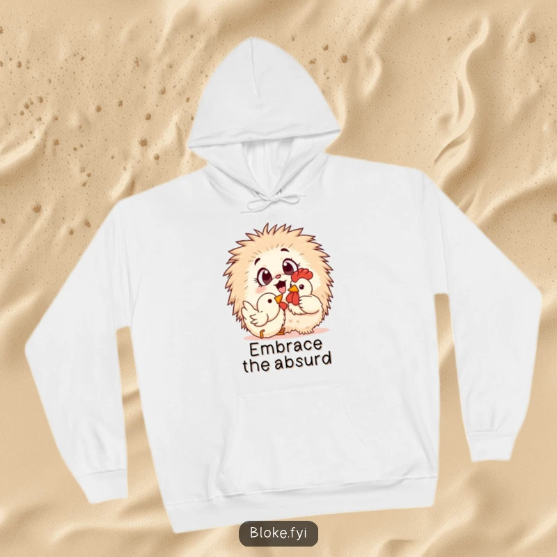 Funny Hoodie: A fluffy, wide-eyed creature excitedly plays with a rubber chicken, perfect for fans of pet antics.