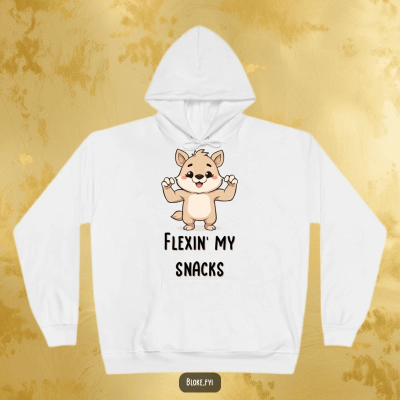 Funny hoodie with a cute, stout animal character smiling mischievously while showing off its impressively tiny muscles.