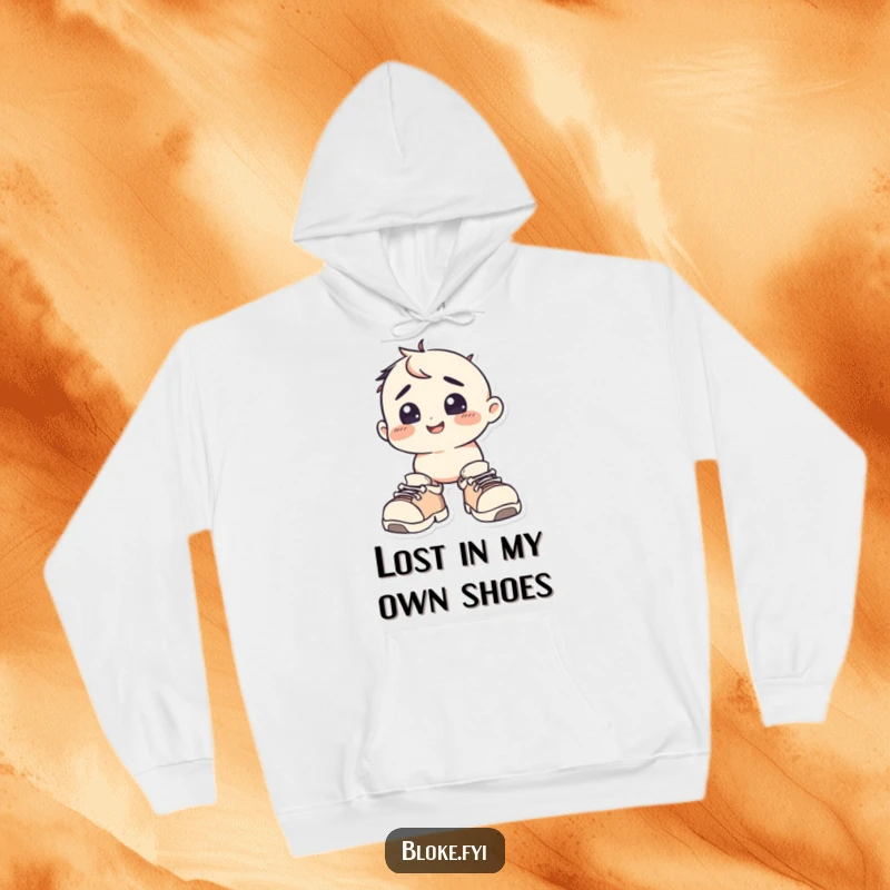Funny Hoodie: A happy, squat character looks bewildered in oversized shoes, perfect for fans of comical situations.