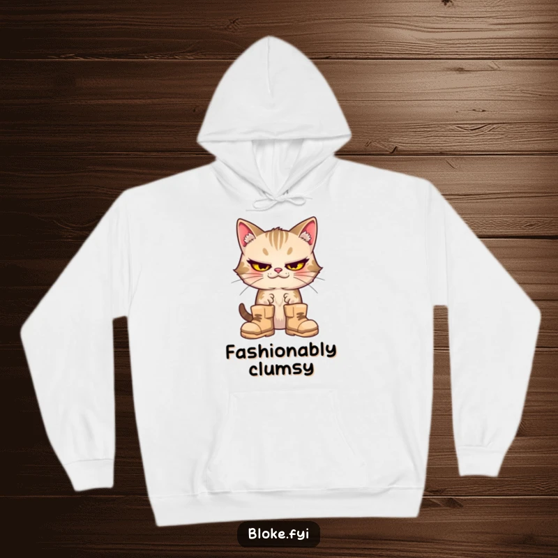 Funny cat with a goofy expression and oversized boots, depicted on a soft, warm hoodie.