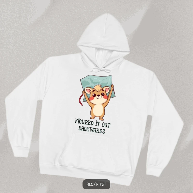 Funny hoodie with a confused bloke animal character holding a map upside down, ideal for cozy, humorous wear.