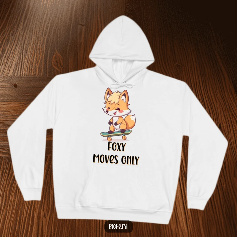 Funny Hoodie featuring a smiling fox with tousled fur riding a skateboard, perfect for cozy, humorous casual wear.