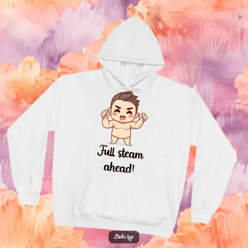 Funny Strong Character Hoodie with a strong build, fist raised enthusiastically, embodying power and warmth.