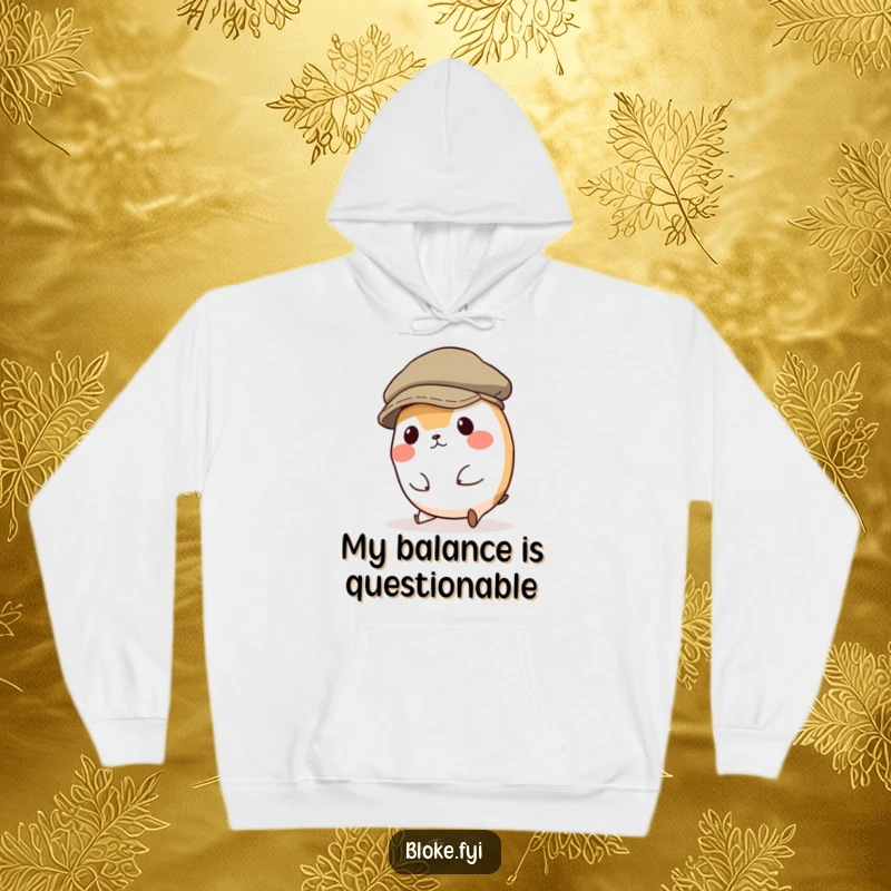 Funny hoodie with a small, round animal character comically tripping over its feet while wearing a comically large flat cap, cozy and amusing.