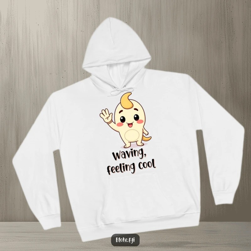 Funny hoodie depicting a cartoon fellow character giving a jaunty wave, perfect for a warm and friendly look.
