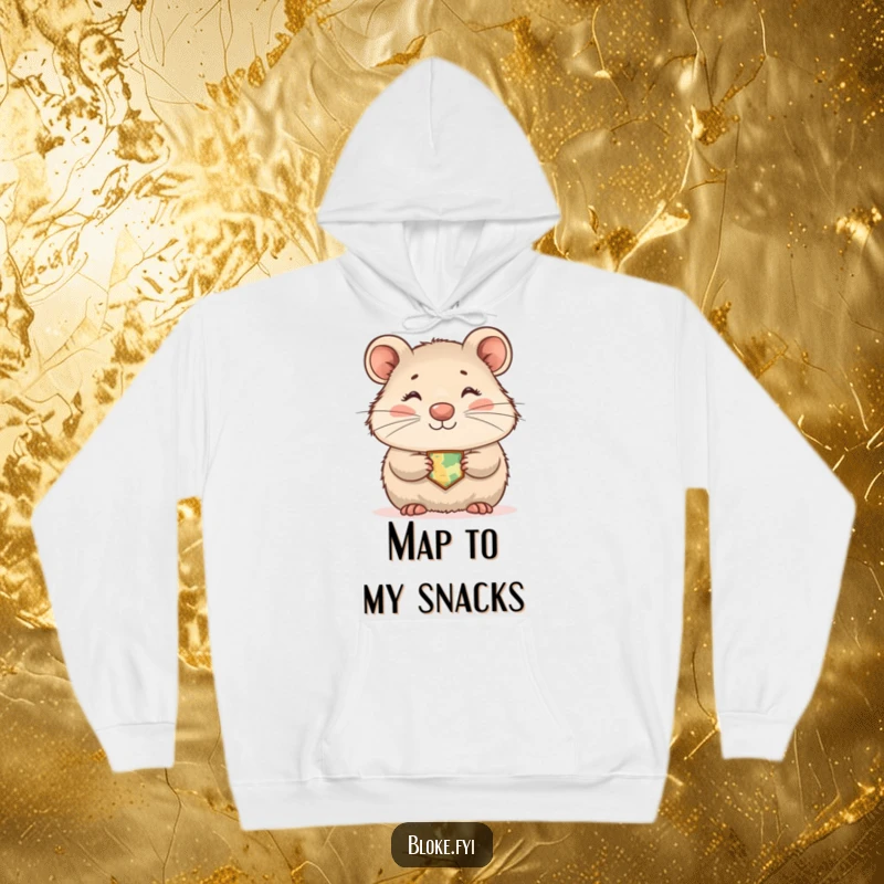 Funny wombat hoodie with a shyly smiling marsupial wearing a tiny map, perfect for cozy, humorous wear.
