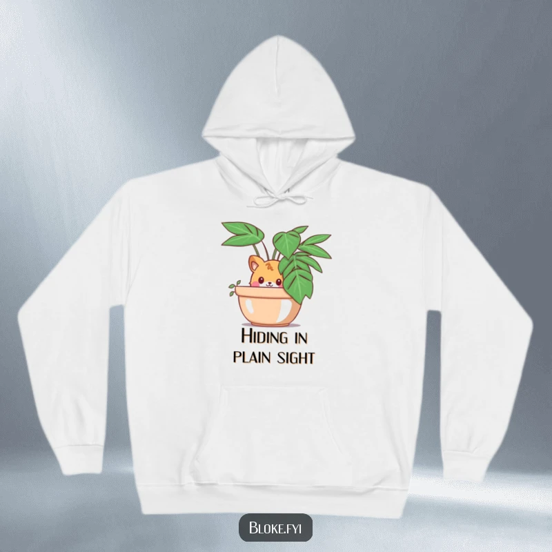Funny hoodie featuring a curious animal character peeking from behind a large potted plant, offering cozy comfort and playful observation.