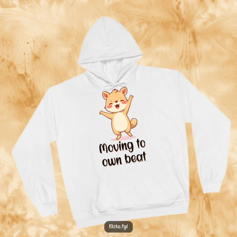 Funny Hoodie: A powerfully built animal dances with delightful clumsiness and pure joy, offering comfort and humorous spirit.