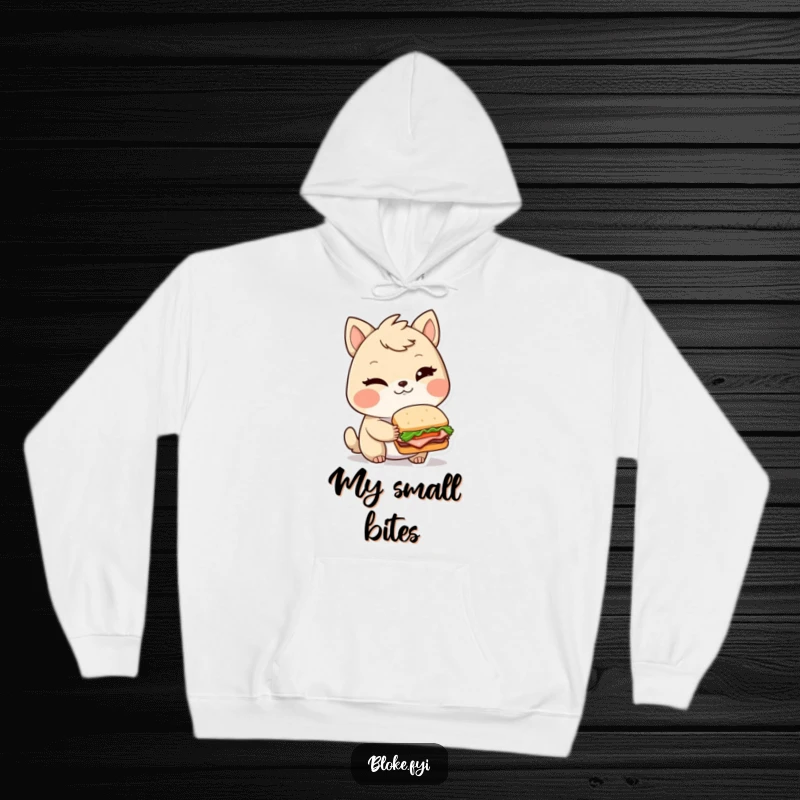 Funny hoodie with a winking bloke animal character holding a tiny, elaborate sandwich, offering cozy and gourmet humor.