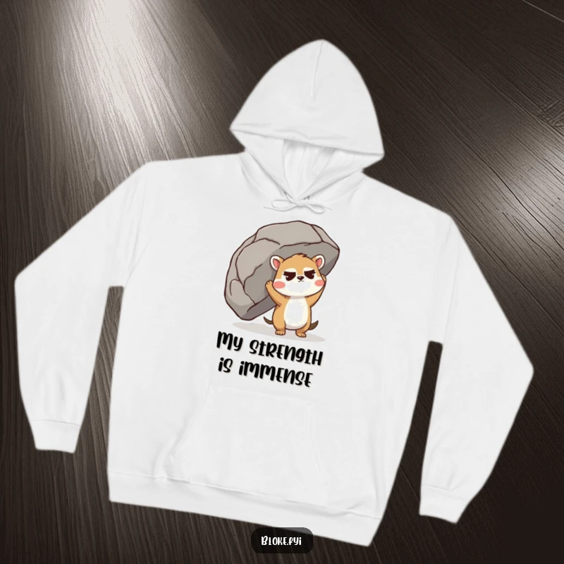 Funny Hoodie featuring a cute animal with a furrowed brow, struggling heroically to lift a giant boulder.