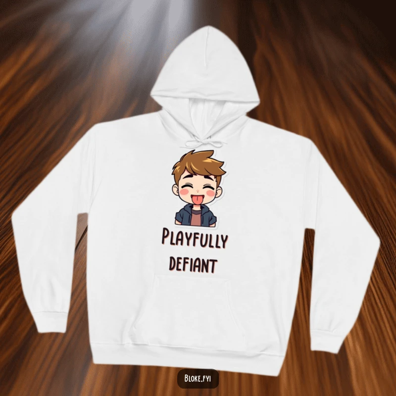 Funny hoodie depicting a grinning guy character playfully sticking out his tongue, offering warmth and a touch of humor.
