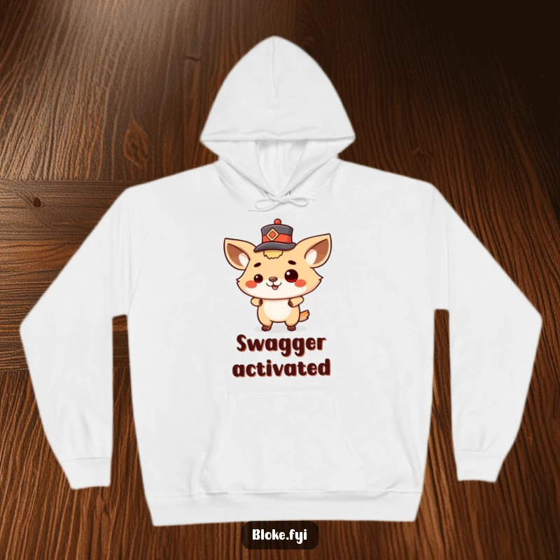 Funny hoodie showing a proud animal character with a swaggering posture tipping a tiny hat, exuding confidence and style.