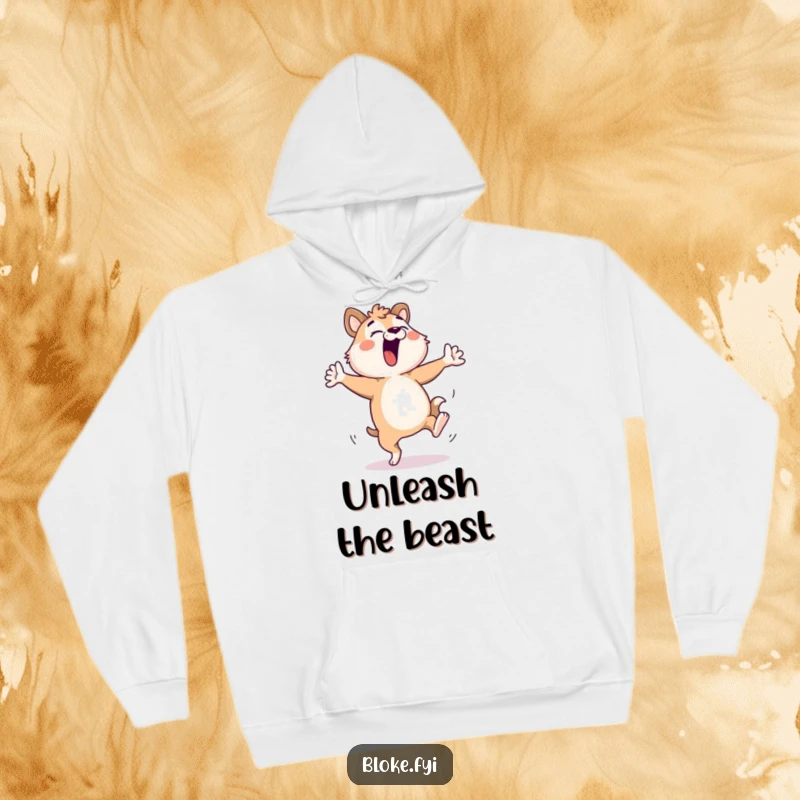 Funny Bloke Animal Hoodie: Cozy sweatshirt showcasing a comical character's energetic dance with legs kicking high, ideal for warmth and laughs.
