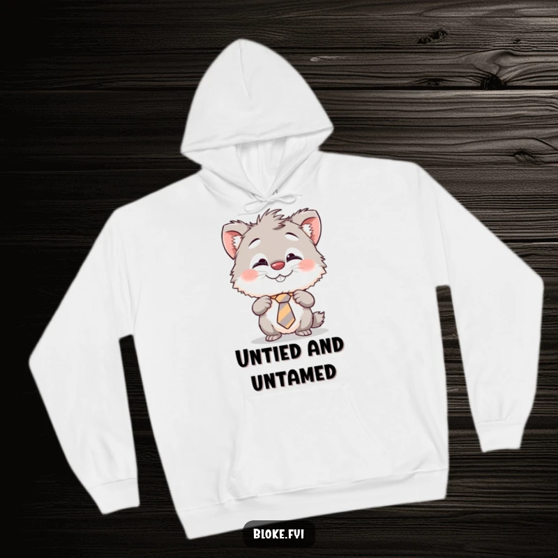 Funny hoodie depicting a furry creature with a cheeky grin, humorously struggling to adjust its slightly askew tie, perfect for casual wear.