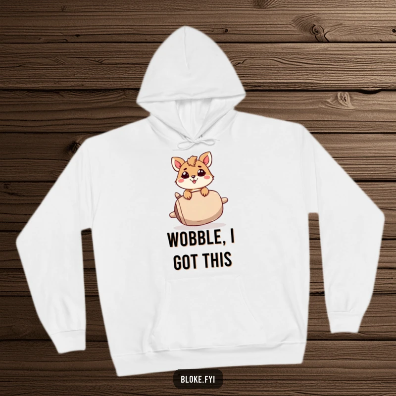 Funny Hoodie: A determined animal character struggles humorously to balance an oversized, unstable item, perfect for cozy contemplation.