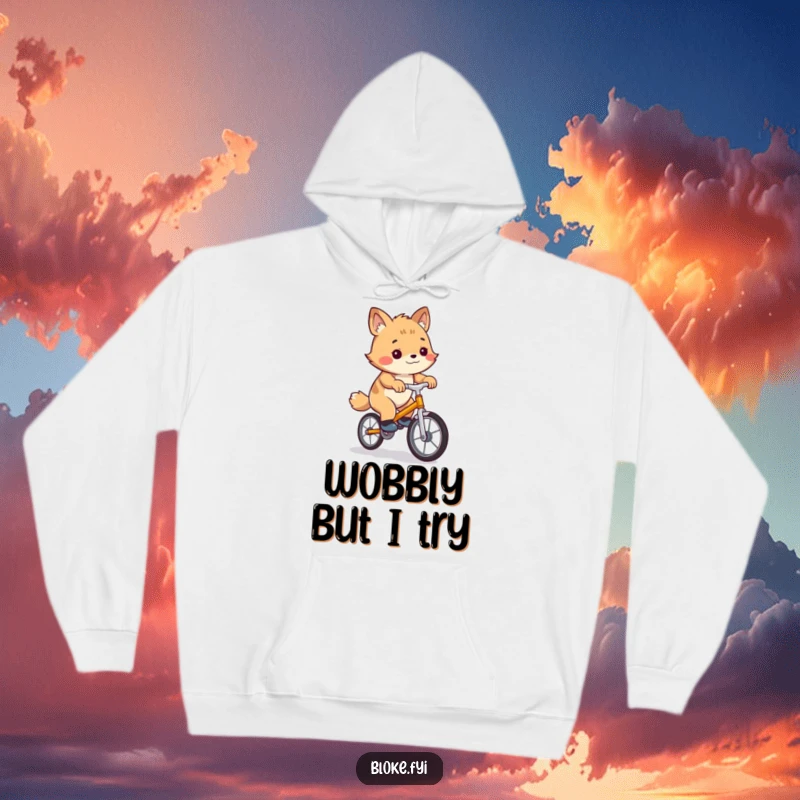 Funny hoodie featuring a comical bloke animal character attempting to master a tiny, unstable unicycle, a perfect cozy gift.