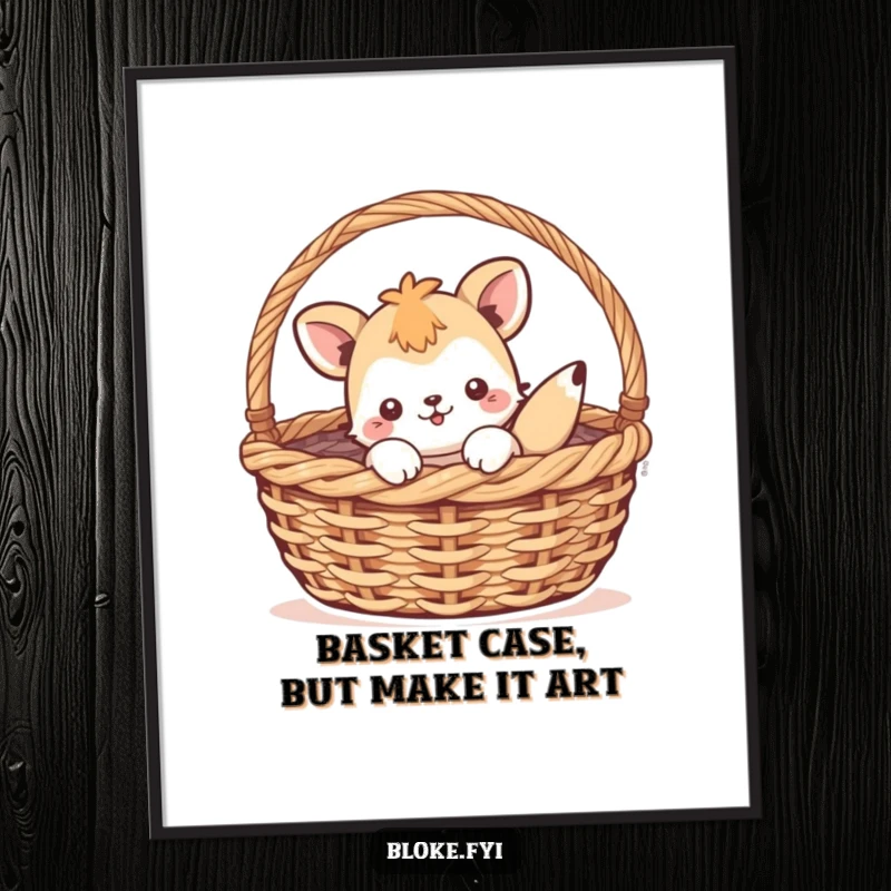 Funny Free Printable Wall Art: A playful creature comically stuck inside a large woven basket.