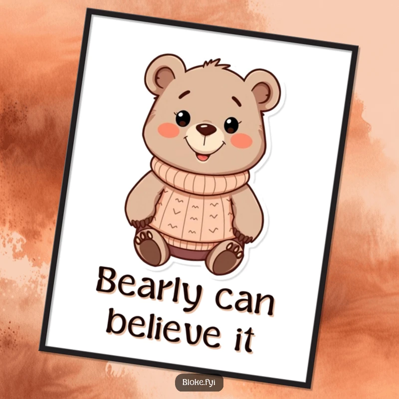 Funny Free Printable Wall Art of a chunky, cartoonish bear wearing a knitted sweater and a friendly grin, adding warmth and humor.