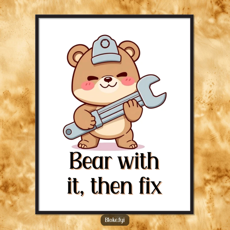 Funny Free Printable Wall Art: A bear with a mischievous grin offers a giant wrench, perfect for a workshop or humor-loving home.
