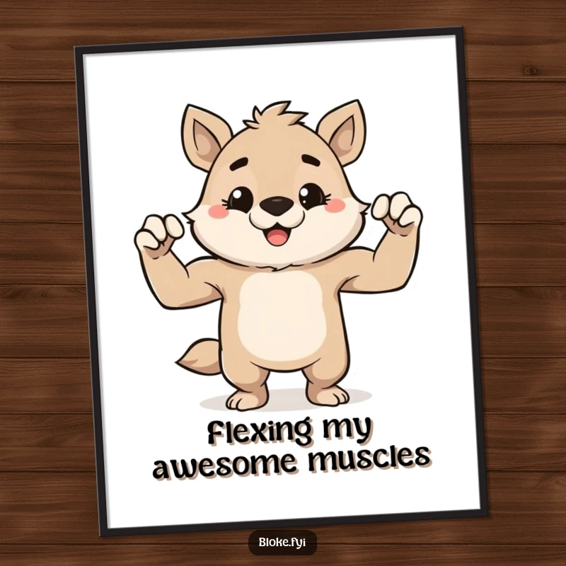 Funny Free Printable Wall Art: A stout, cute animal character with a mischievous grin flexing its impressively tiny muscles.
