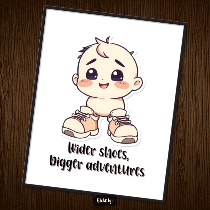 Funny Free Printable Wall Art: A happy squat character with a bewildered expression wears comically oversized shoes.