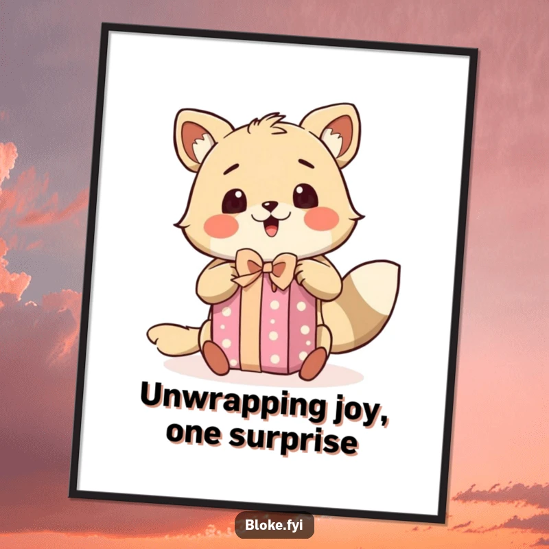 Funny Free Printable Wall Art: Animal character with a surprised expression, excitedly unwrapping a gift, a moment of pure delight.