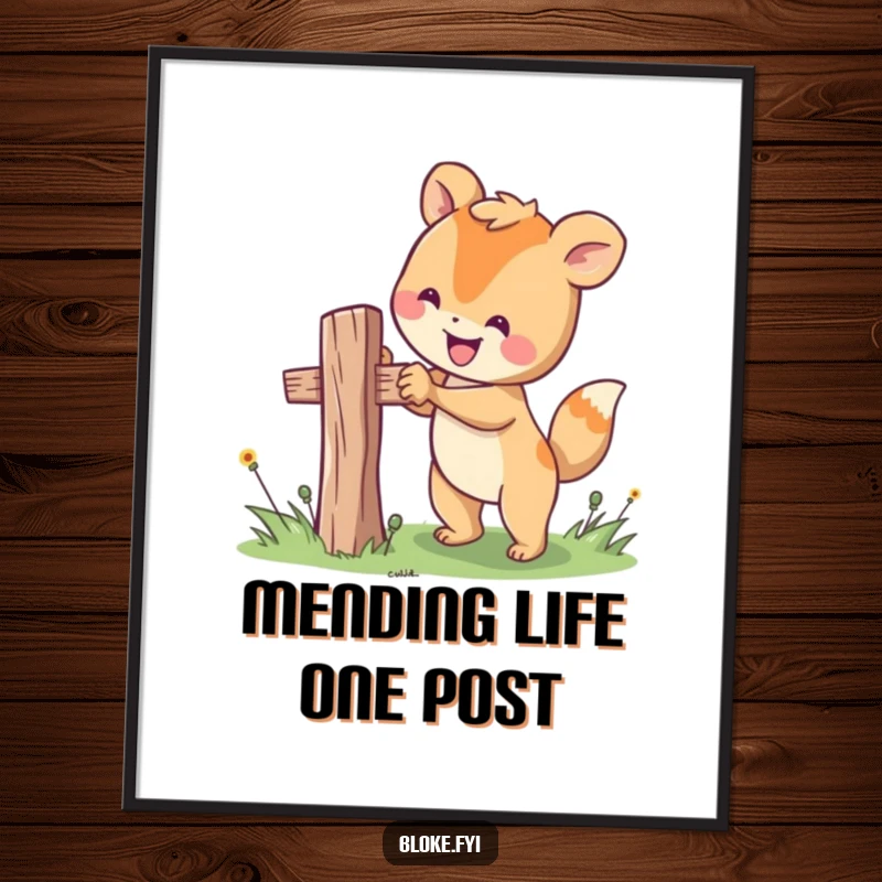 Funny Free Printable Wall Art: Happy animal character attempting to fix a wobbly fence post, showing dedication. Downloadable art.