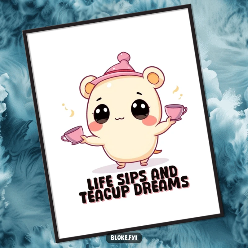 Funny Free Printable Wall Art: A small, round creature with big eyes juggles tiny teacups, wearing a jaunty hat.