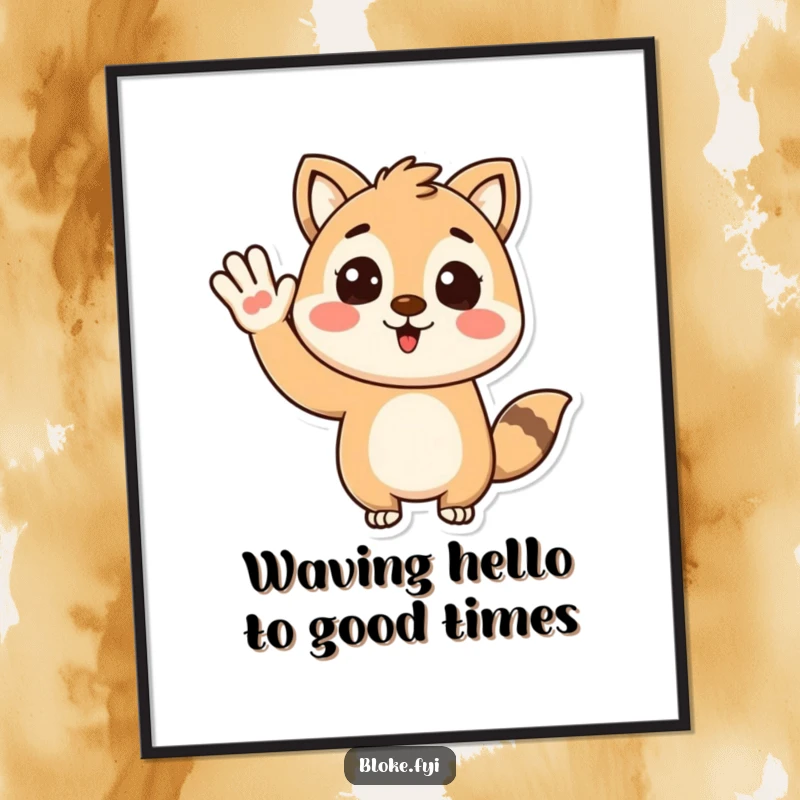 Funny Free Printable Wall Art: Stylized animal character giving a friendly, enthusiastic wave, creating a welcoming atmosphere. Downloadable art.