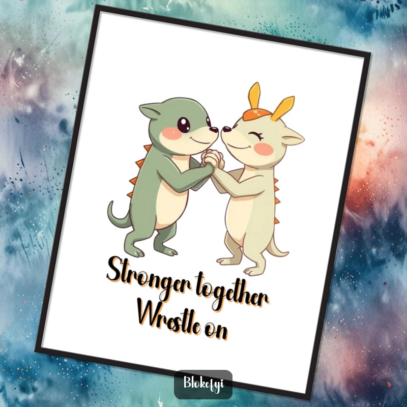 Funny Free Printable Wall Art: A creature with short, sturdy limbs engages in a friendly arm wrestle, adding playful decor.