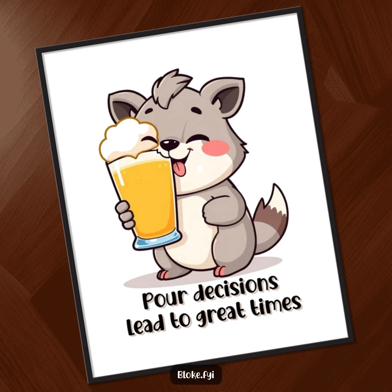 Funny Free Printable Wall Art: Animal with a cheeky grin holding a pint glass, perfect for a bar or humorous decor. Downloadable.